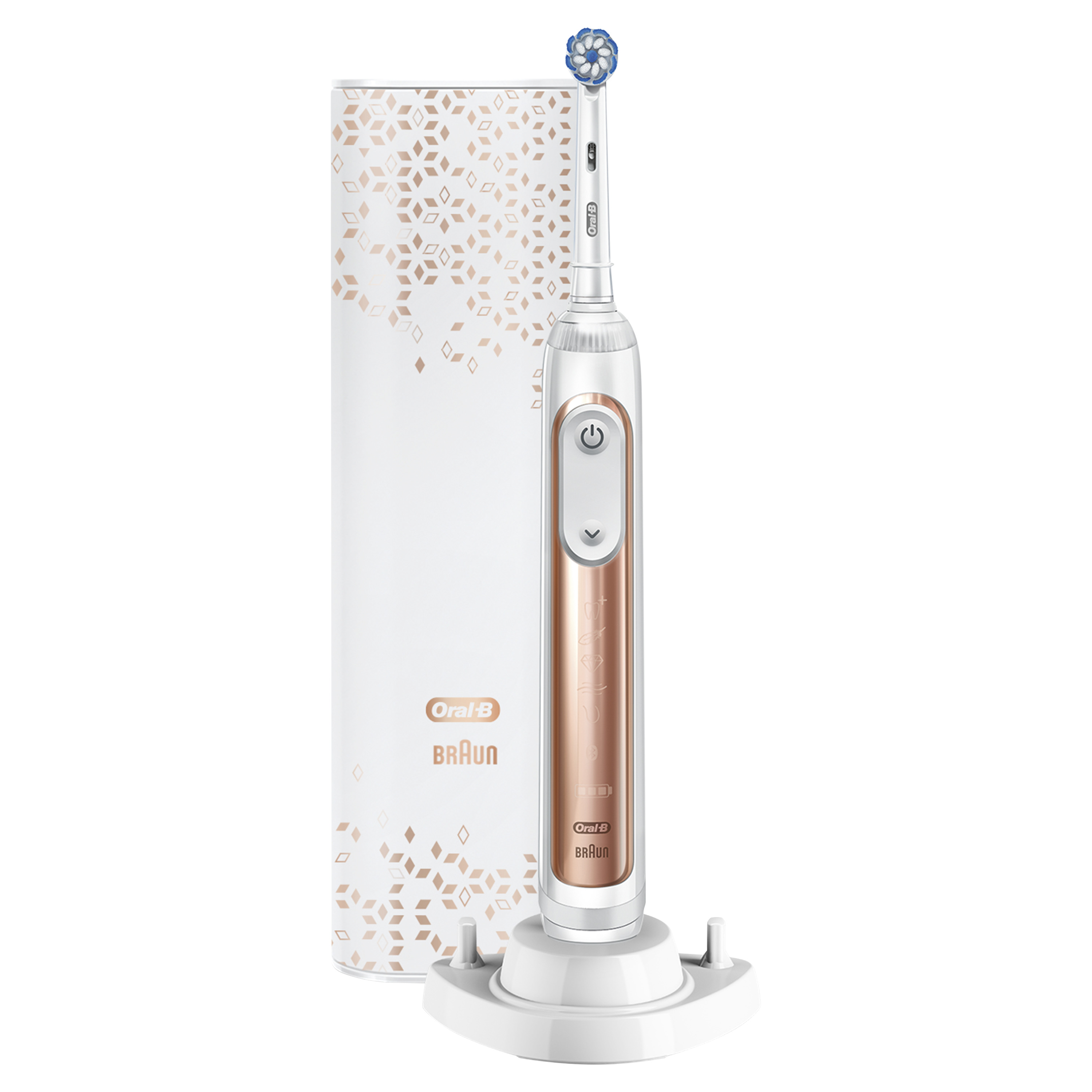 Eine elektrische Zahnbürste und ihre Ladestation. Die Zahnbürste ist weiß und gold mit blauem Bürstenkopf.