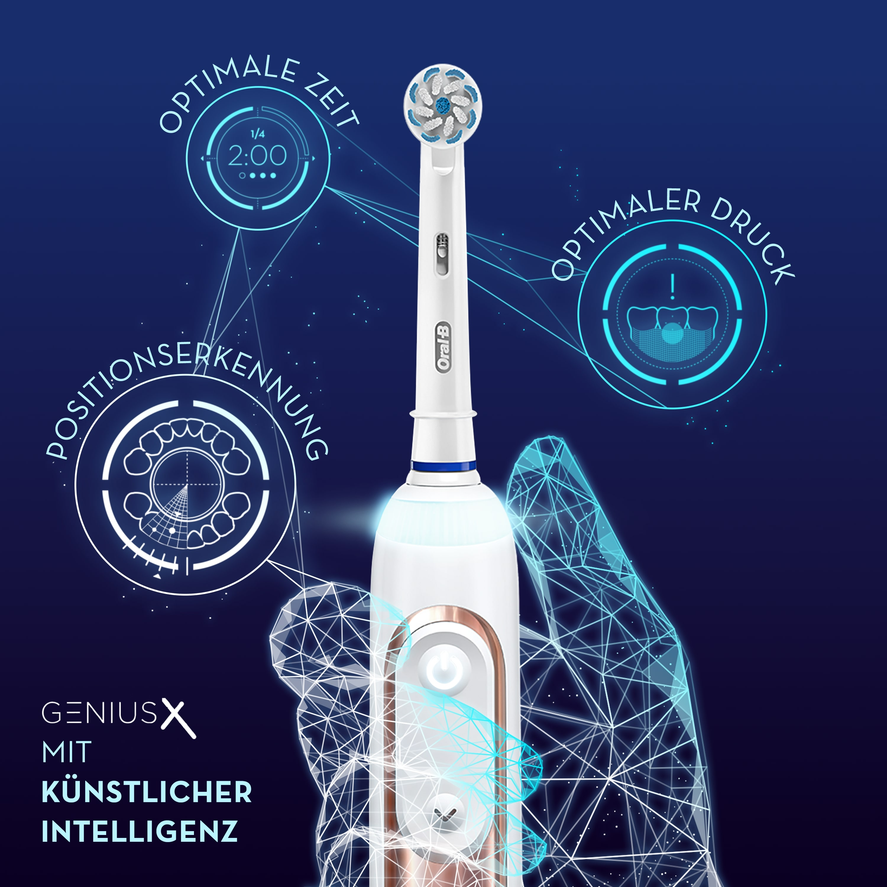Weiße und roségoldfarbene elektrische Zahnbürste mit Diagrammen und Text.