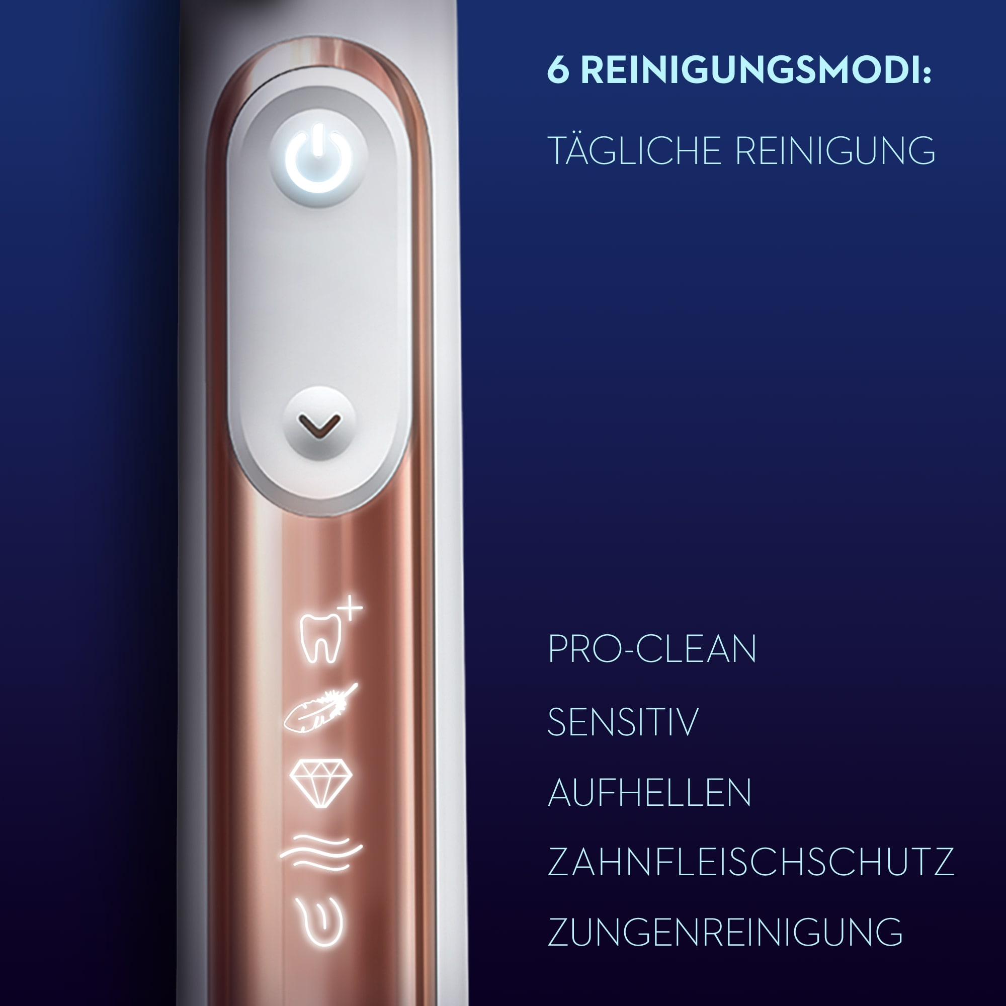 Nahaufnahme einer elektrischen Zahnbürste mit Reinigungsmodi.