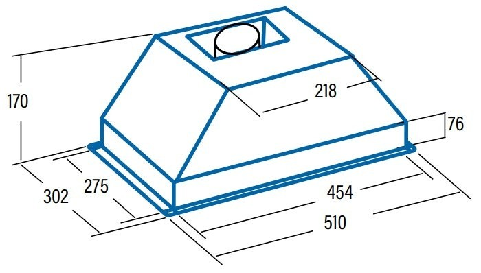 Diagrama de una campana extractora con dimensiones en milímetros.