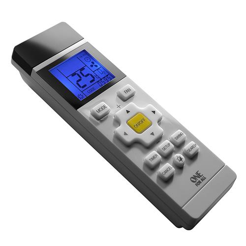 Un mando a distancia gris con una pantalla azul que muestra números. Los botones están etiquetados y son blancos.