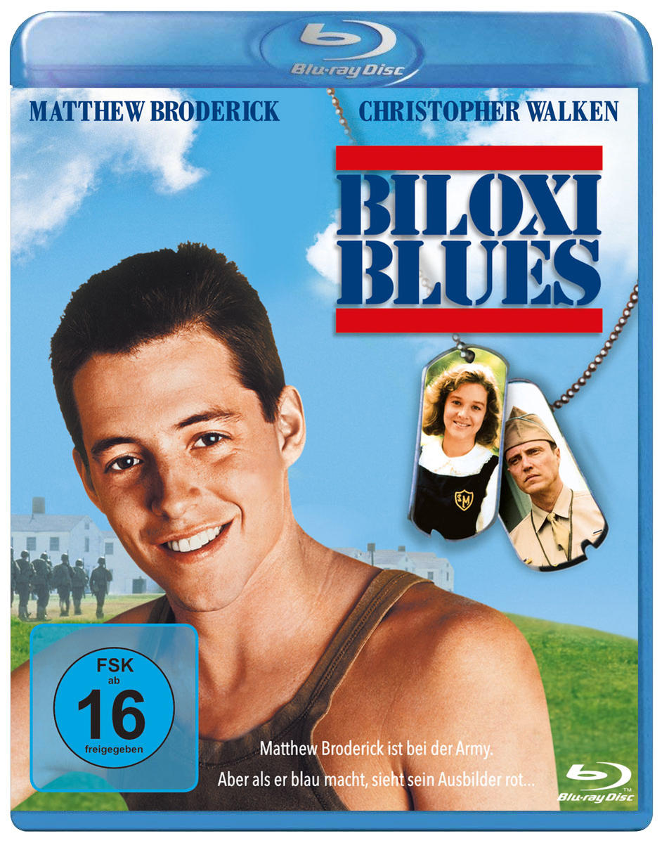 Blu-ray-Disc-Cover mit lächelndem Matthew Broderick. Es steht 'Biloxi Blues' in Rot und Blau. Zwei Erkennungsmarken sind vorhanden.