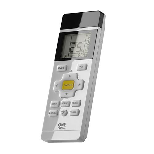 Mando a distancia blanco y gris con pantalla y botones.