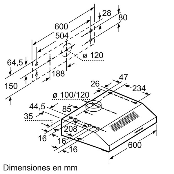 Dibujo técnico de una campana extractora, mostrando dimensiones y puntos de montaje.