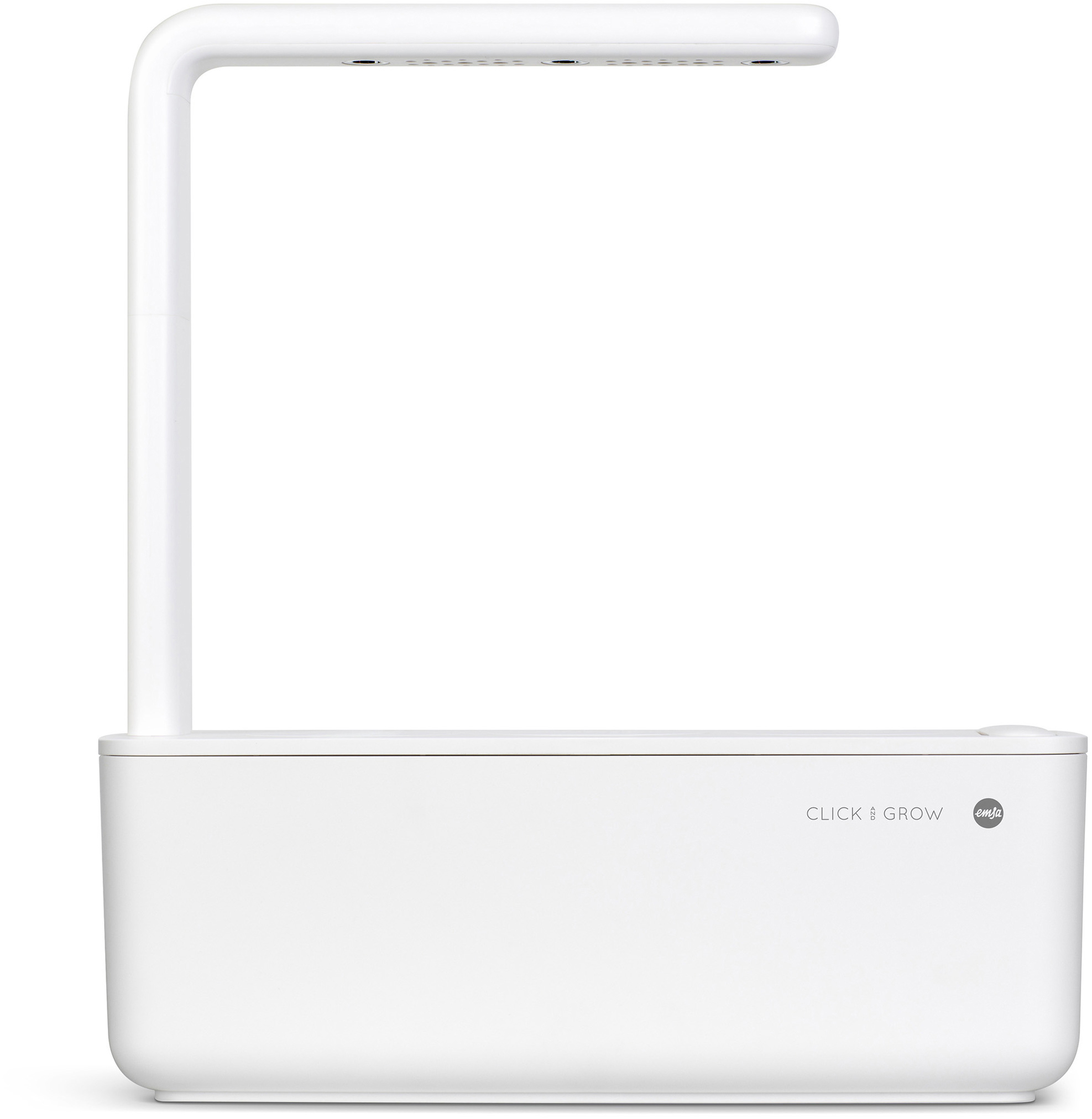 Ein weißer Click & Grow Smart Garden. Er hat eine rechteckige Basis mit gewölbter Oberseite und einem Lichtarm.