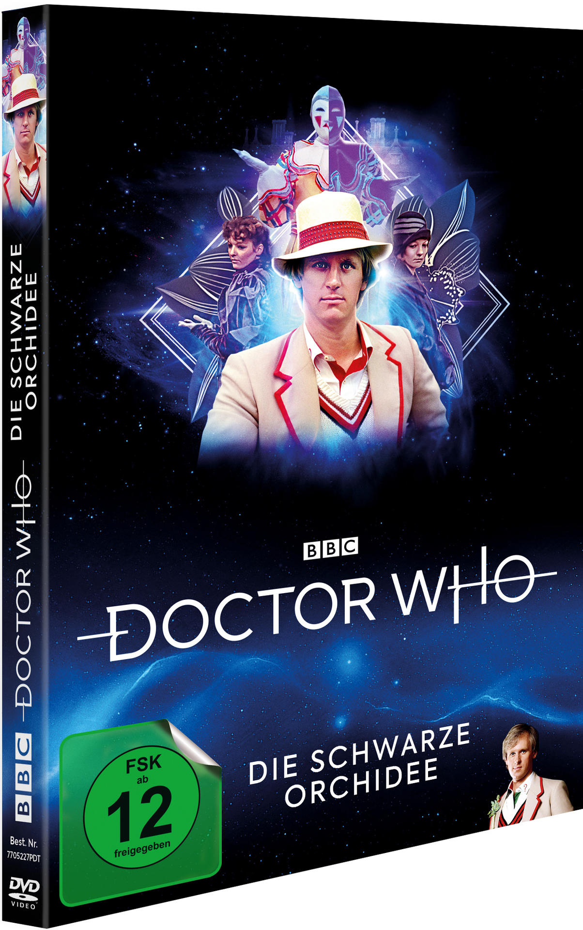 Doctor Who DVD-Cover. Der Doktor in einem cremefarbenen Mantel. Text: Doctor Who, Die Schwarze Orchidee, BBC.