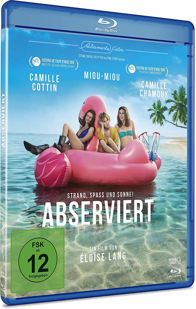 Blu-ray-Hülle: Frauen auf einem rosa Flamingo-Schwimmer. Der Titel lautet "ABSERVIERT".