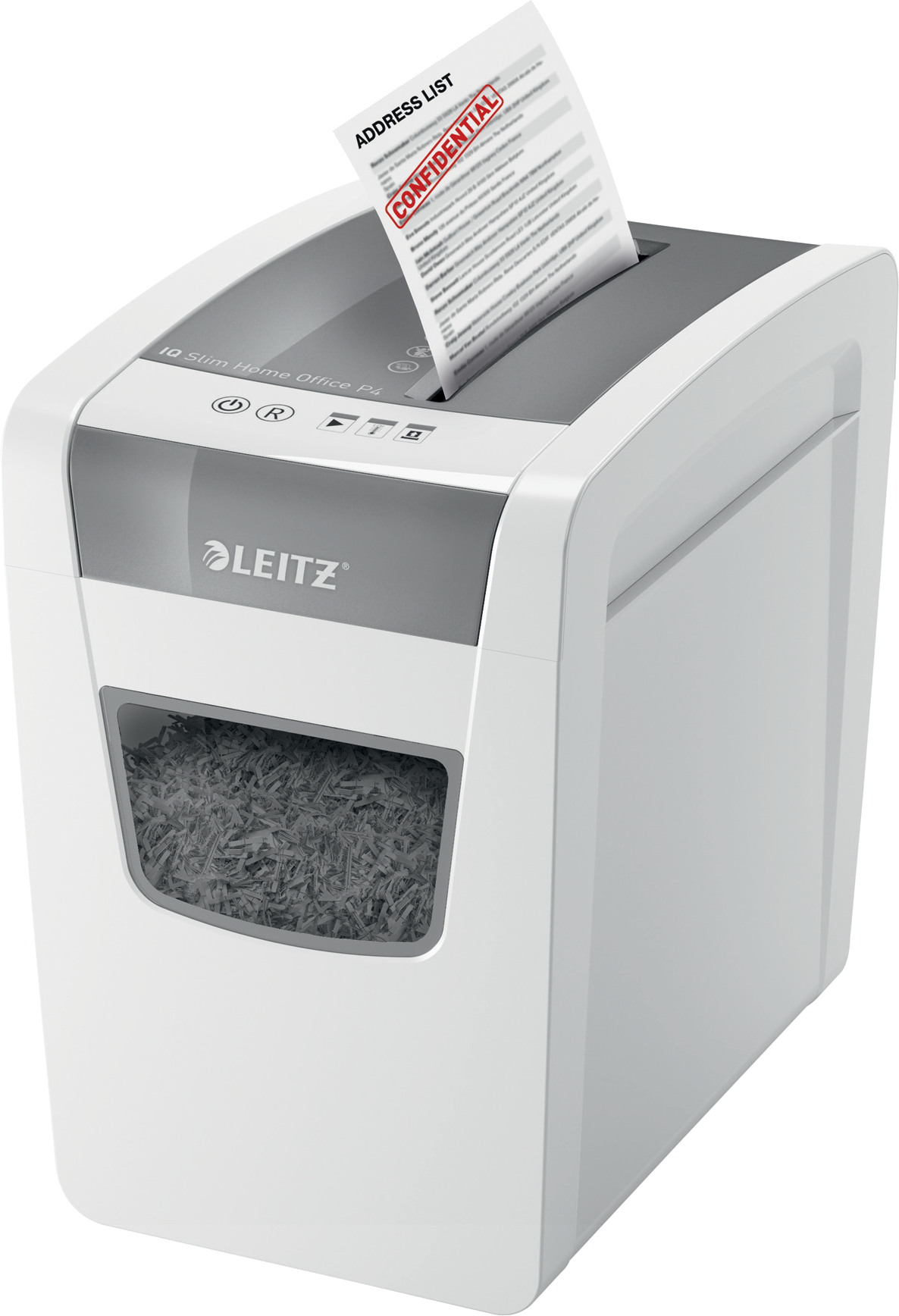 A white paper shredder. A paper with 'Confidential' is being shredded.