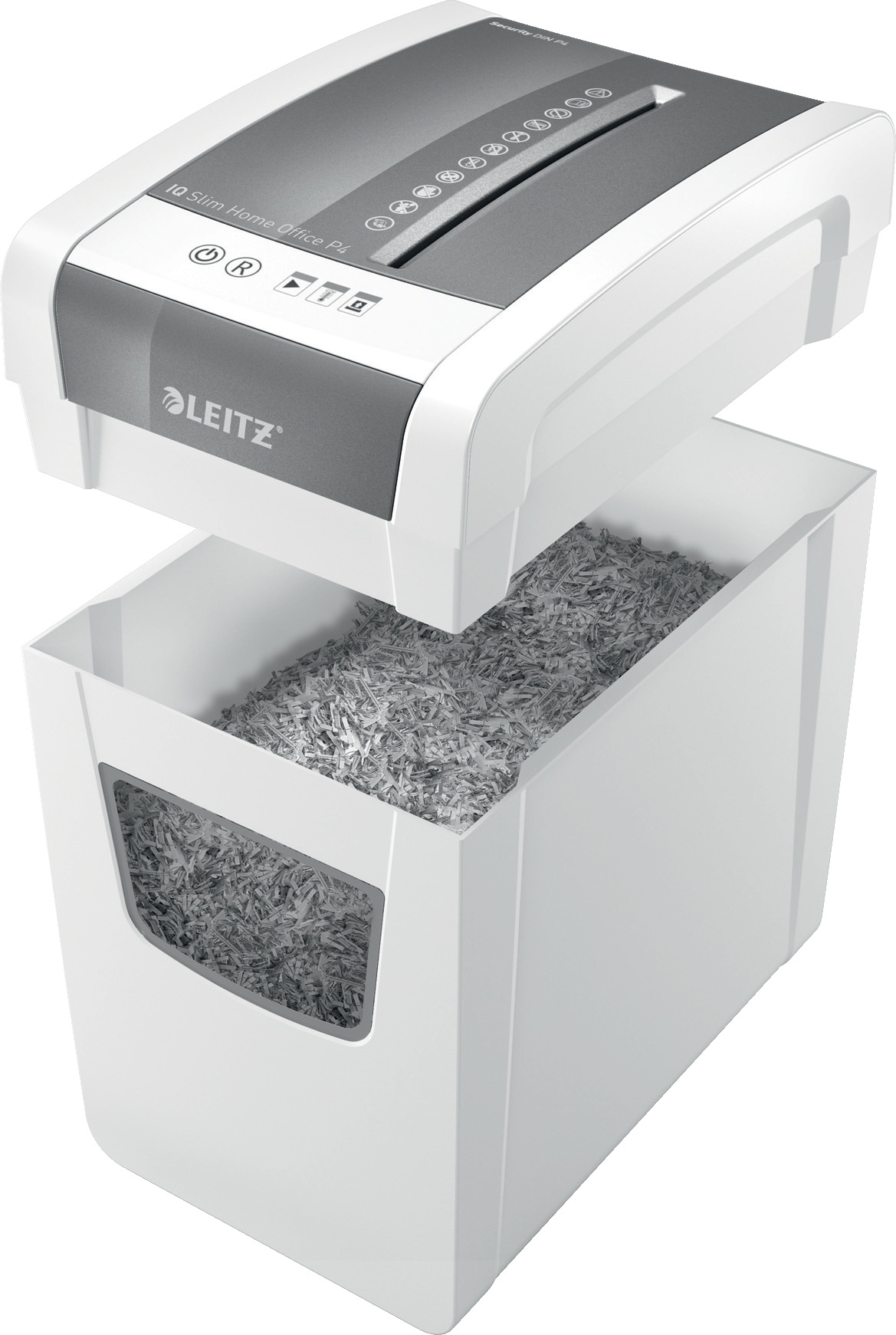 White and grey paper shredder. Shredded paper in the bin below.