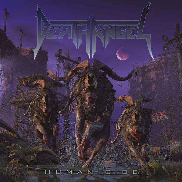 Albumcover für Death Angels 'Humanicide' mit drei dämonenartigen Figuren, die rennen.