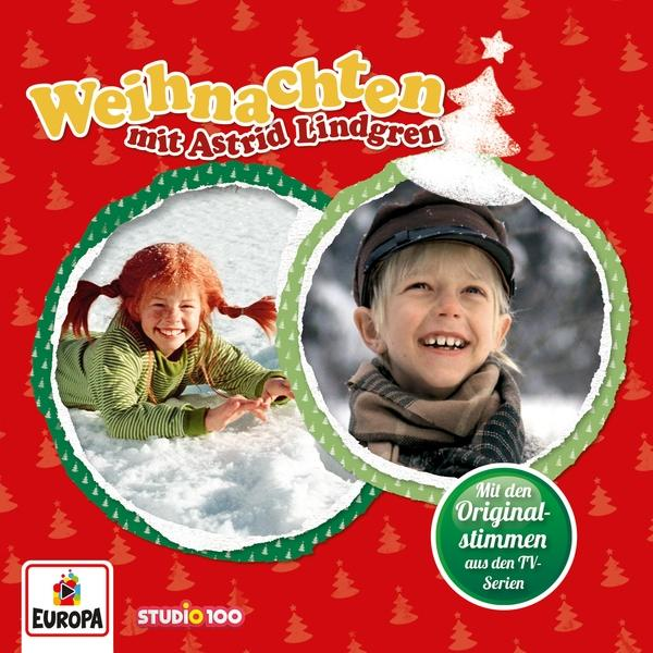 Albumcover mit zwei Kindern im Schnee und einem lächelnden Gesicht. Text lautet 'Weihnachten mit Astrid Lindgren'.