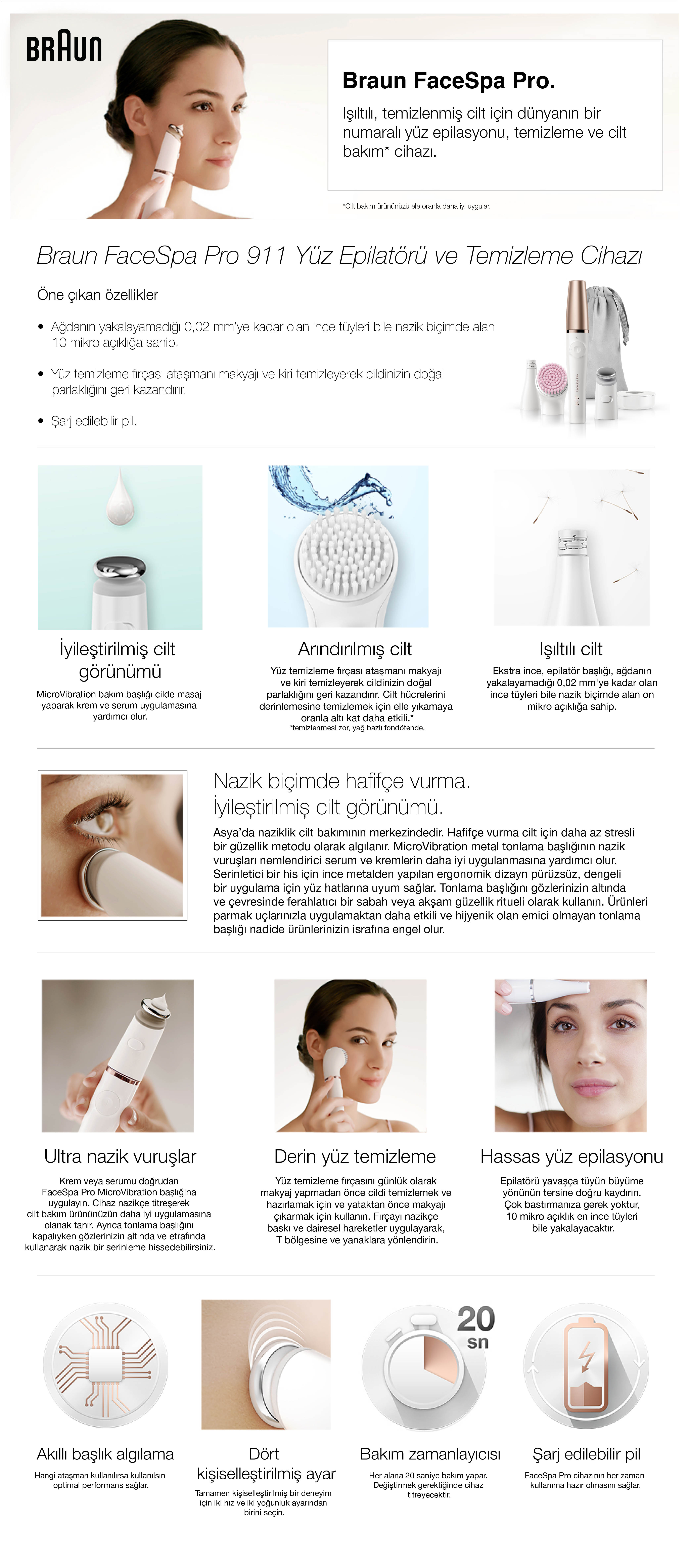 Braun FaceSpa Pro 911 için tanıtım düzeni. Cihazı kullanan bir kadın ve ürün yakın çekimlerini içerir.