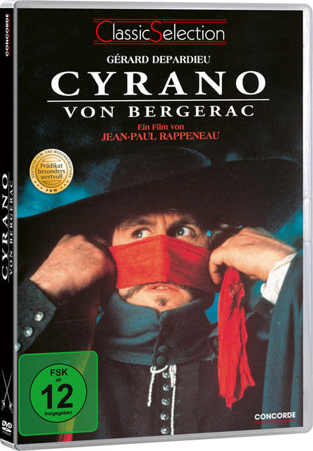 DVD-Hülle. Mann mit schwarzem Hut, roter Gesichtsbedeckung. Cyrano von Bergerac Filmtitel.
