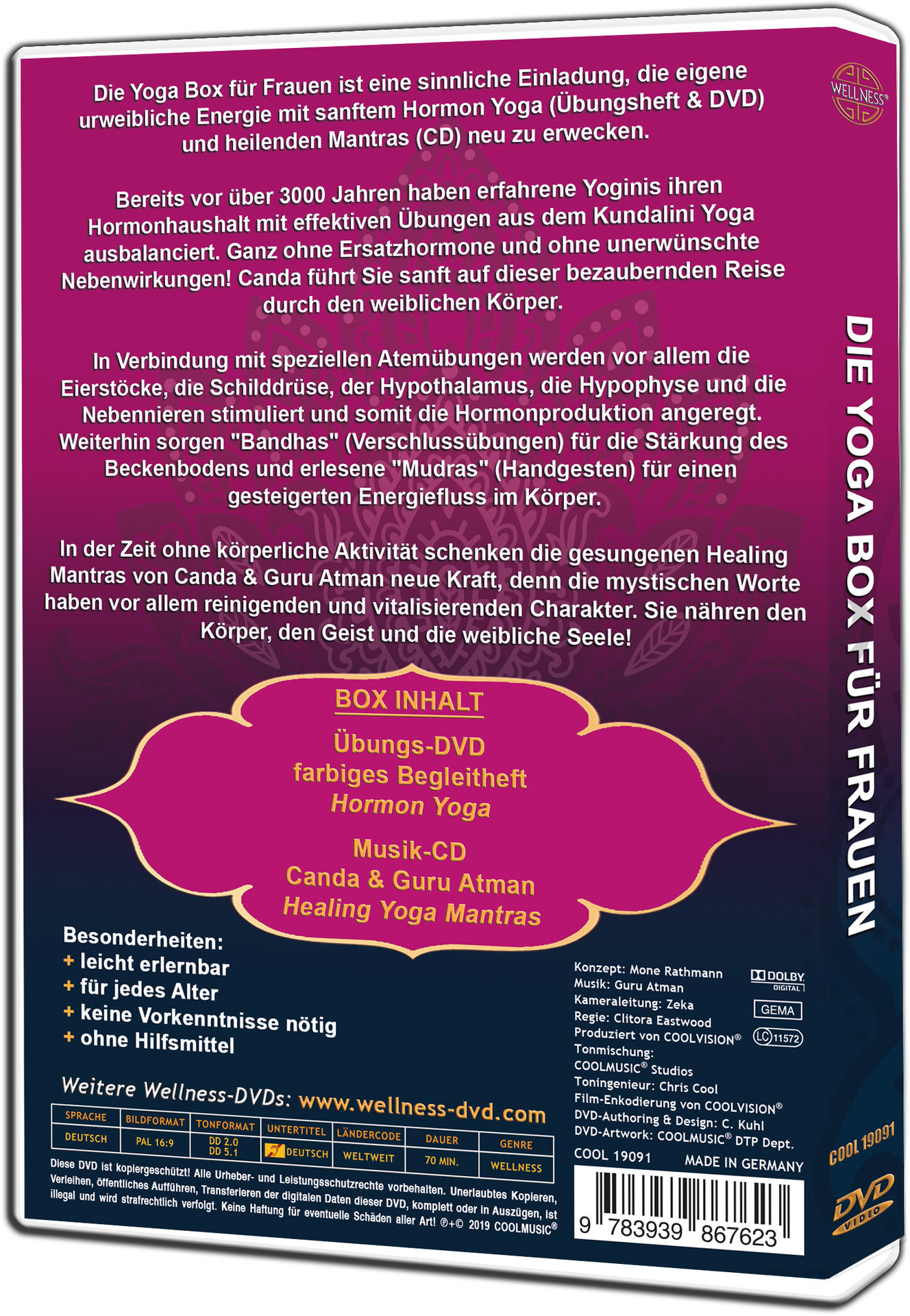 DVD-Box, Rückseite, mit Text in mehreren Sprachen. Zeigt den DVD-Inhalt und den Buchinhalt. Weißer Hintergrund.