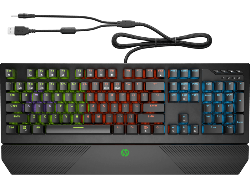 Renkli arkadan aydınlatmalı tuşlara ve bir USB kablosuna sahip siyah HP klavye. HP logosu görünür.
