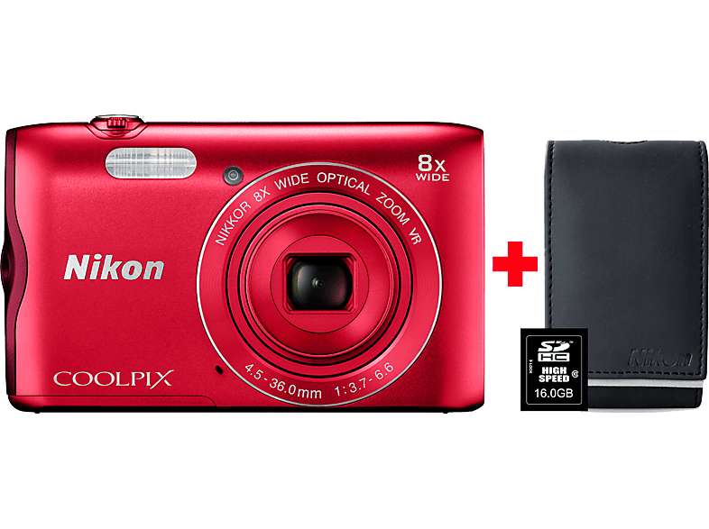NIKON Compact camera Coolpix A300 Rood + SD-kaart 16 GB + Hoes (VNA963K003)