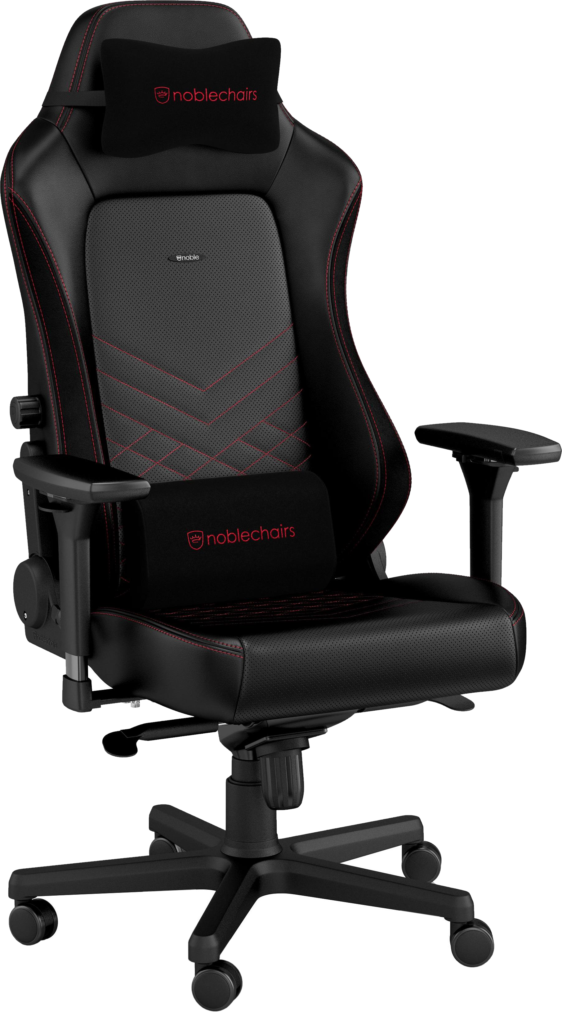 Sedia da gaming nera e rossa con poggiatesta e supporto lombare, marchio 'noblechairs'.