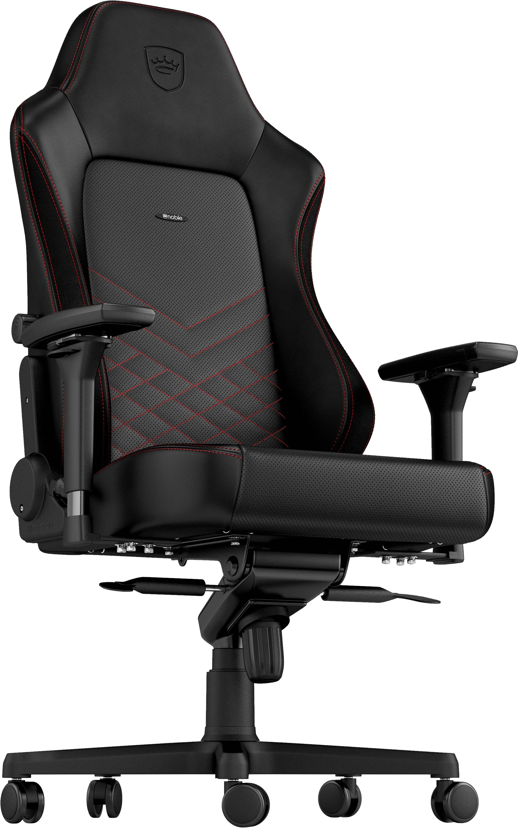 Una sedia da gaming nera con cuciture rosse. Ha uno schienale alto, braccioli e una base a cinque stelle con ruote.