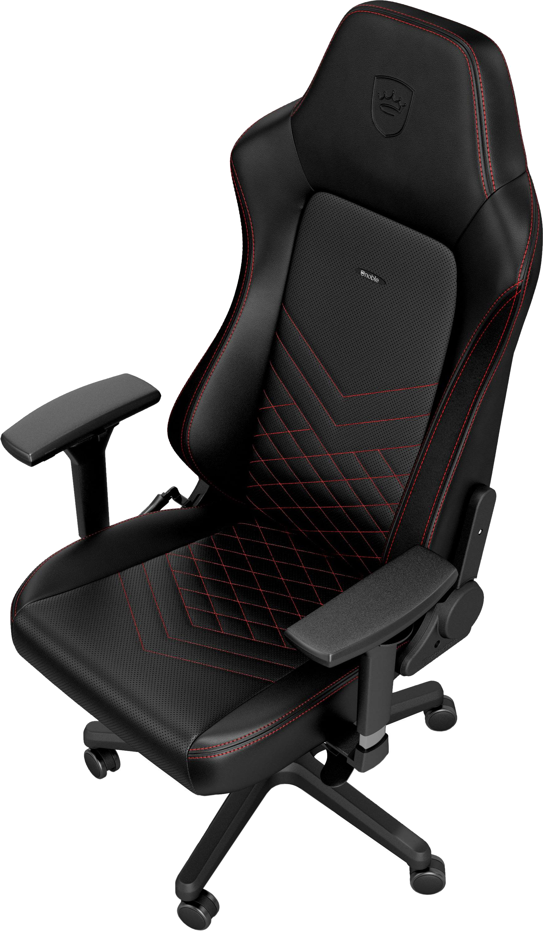Una sedia da gaming nera con cuciture rosse e un logo sul poggiatesta.