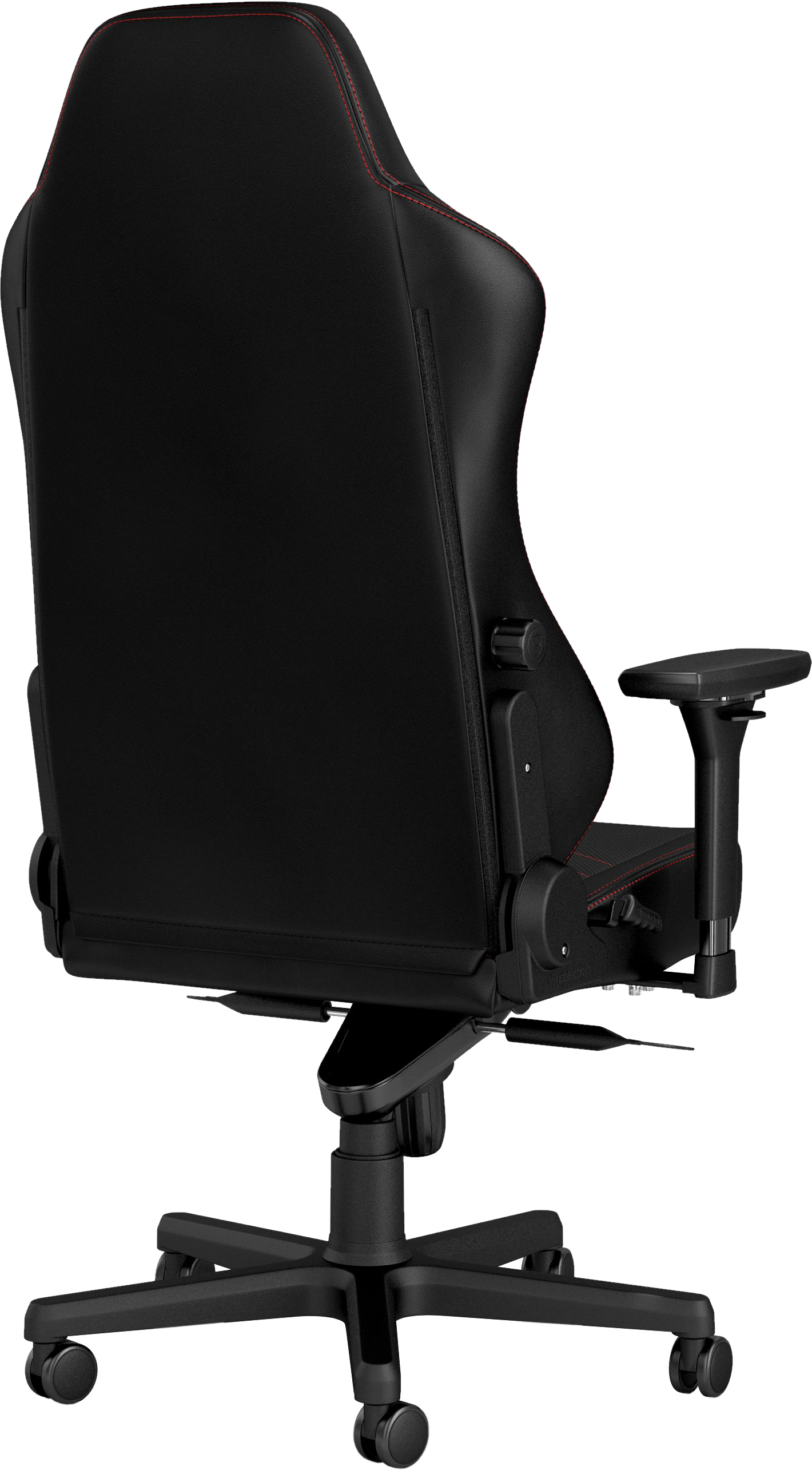 Sedia da gaming nera con cuciture rosse, vista da dietro, su una base nera.
