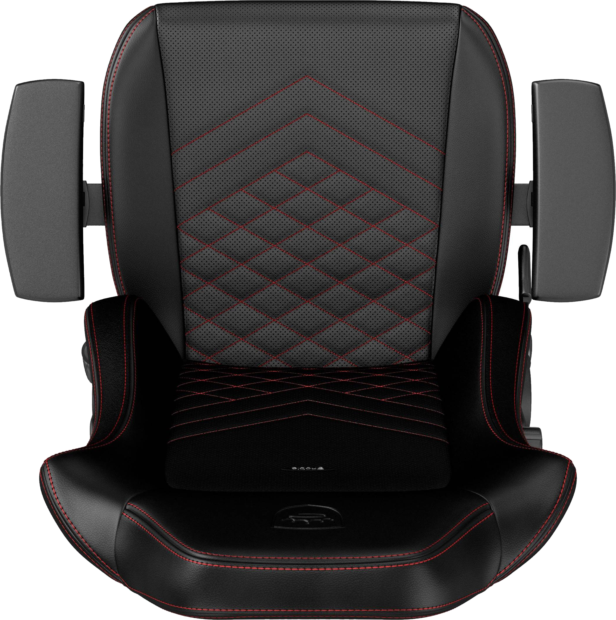 Sedia da gaming nera con cuciture rosse e un cuscino poggiatesta nero. Braccioli visibili.