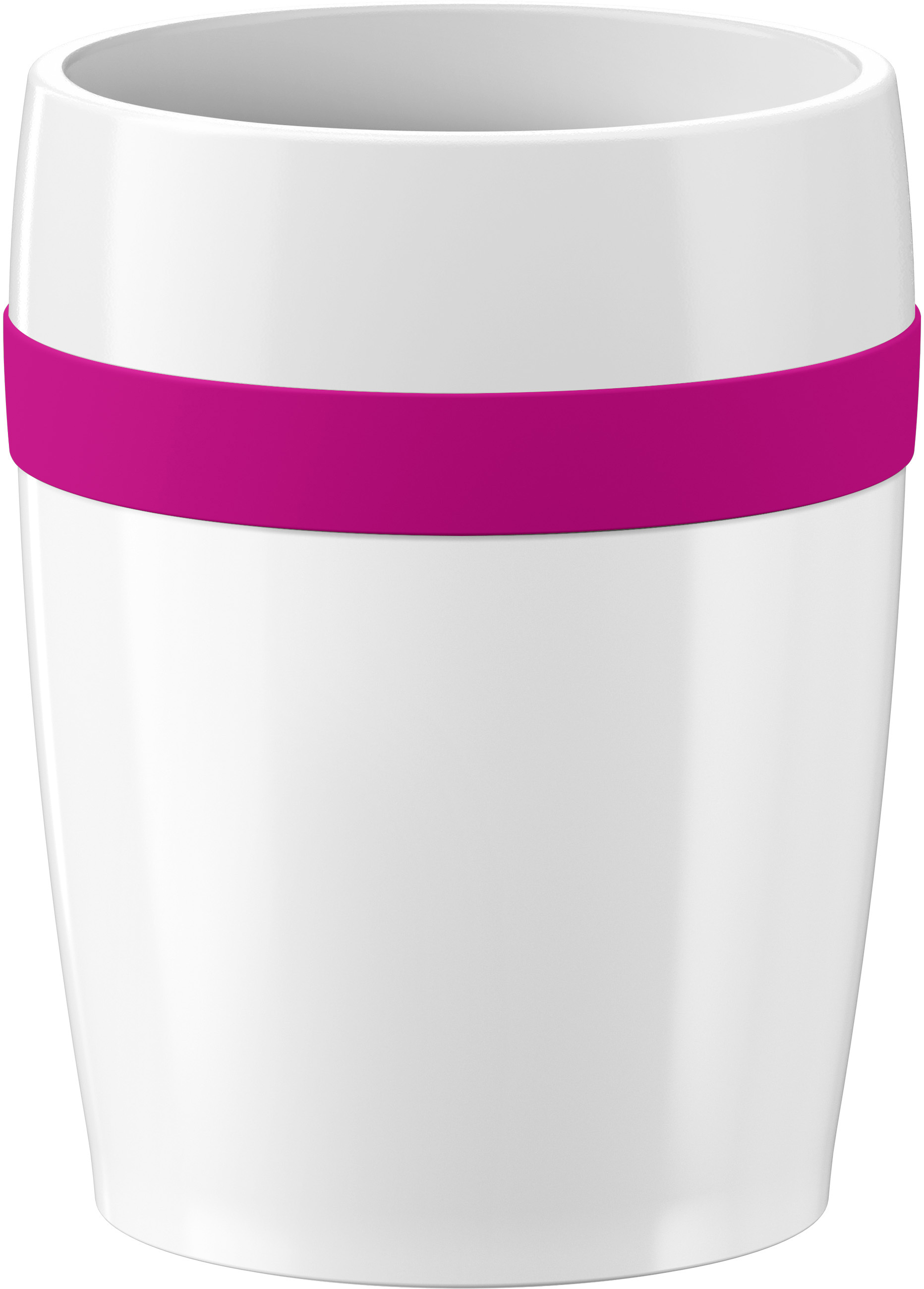Ein weißer Reisebecher mit einem pinkfarbenen Band darum.