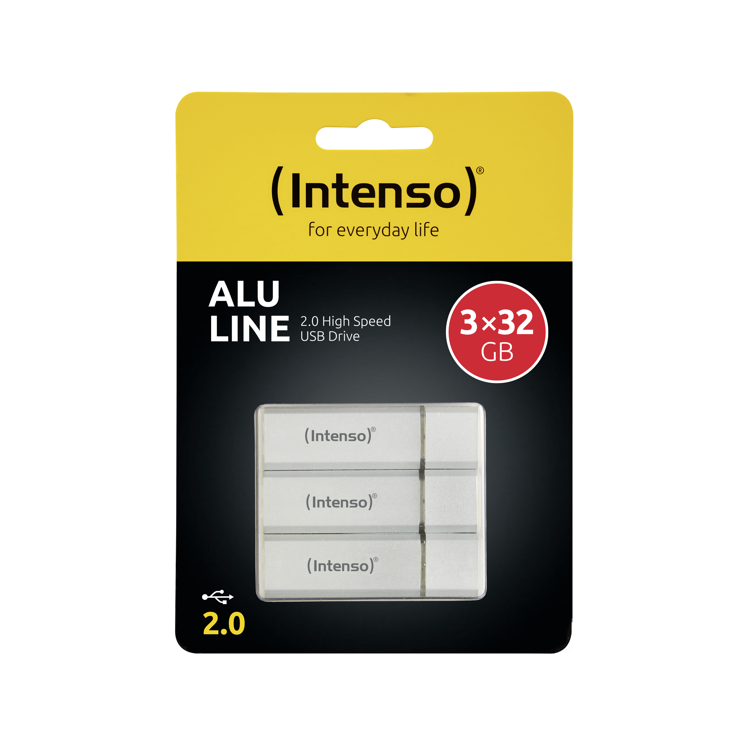 Ein USB-Stick in einer gelben Verpackung mit dem Intenso-Logo.