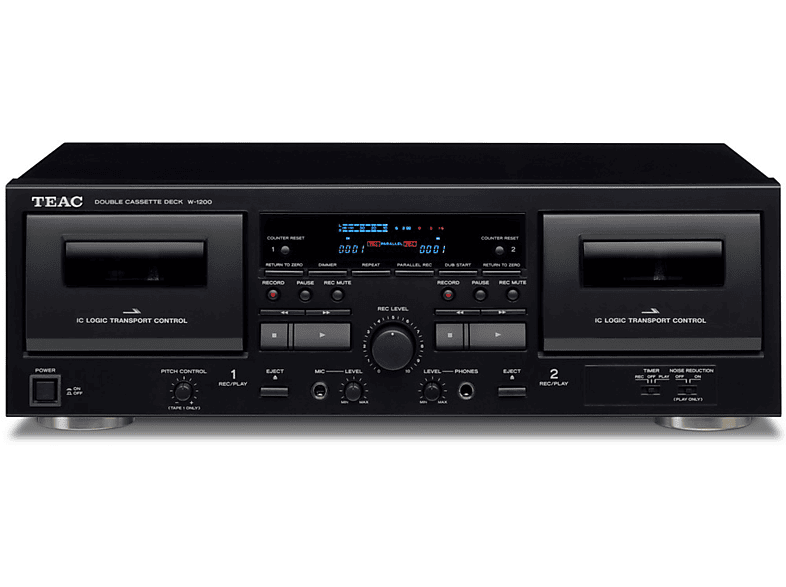 Reproductor cassette - Teac W-1200, Doble cassette, Grabadora, Micrófono, USB, Cancelación de ruido, Negro