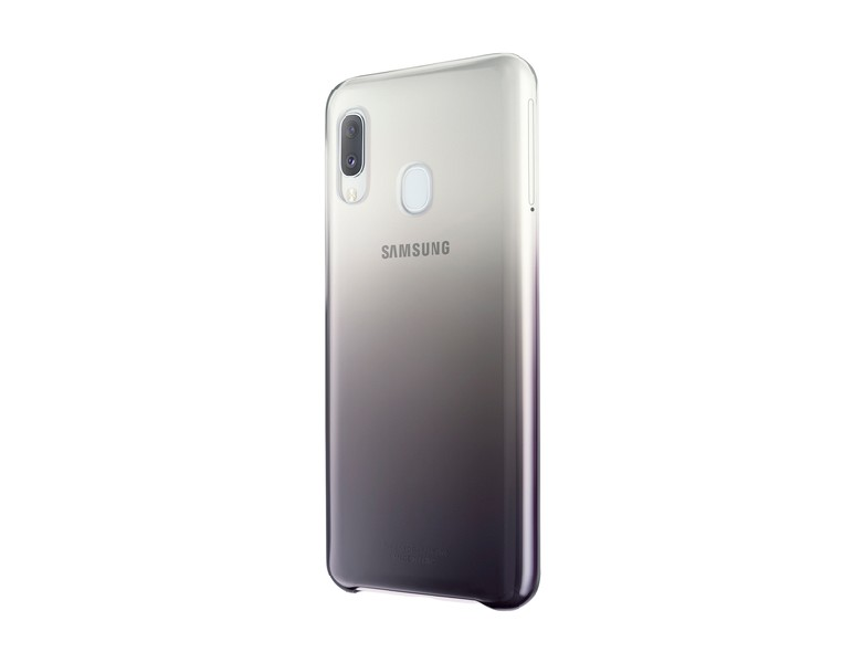 Un teléfono inteligente, vista trasera, con un degradado púrpura. La cámara y el logotipo de Samsung son visibles.