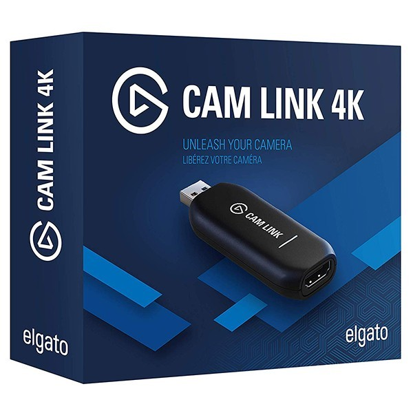 Caja y dispositivo Elgato Cam Link 4K. La caja es azul oscuro con una imagen del producto y texto.
