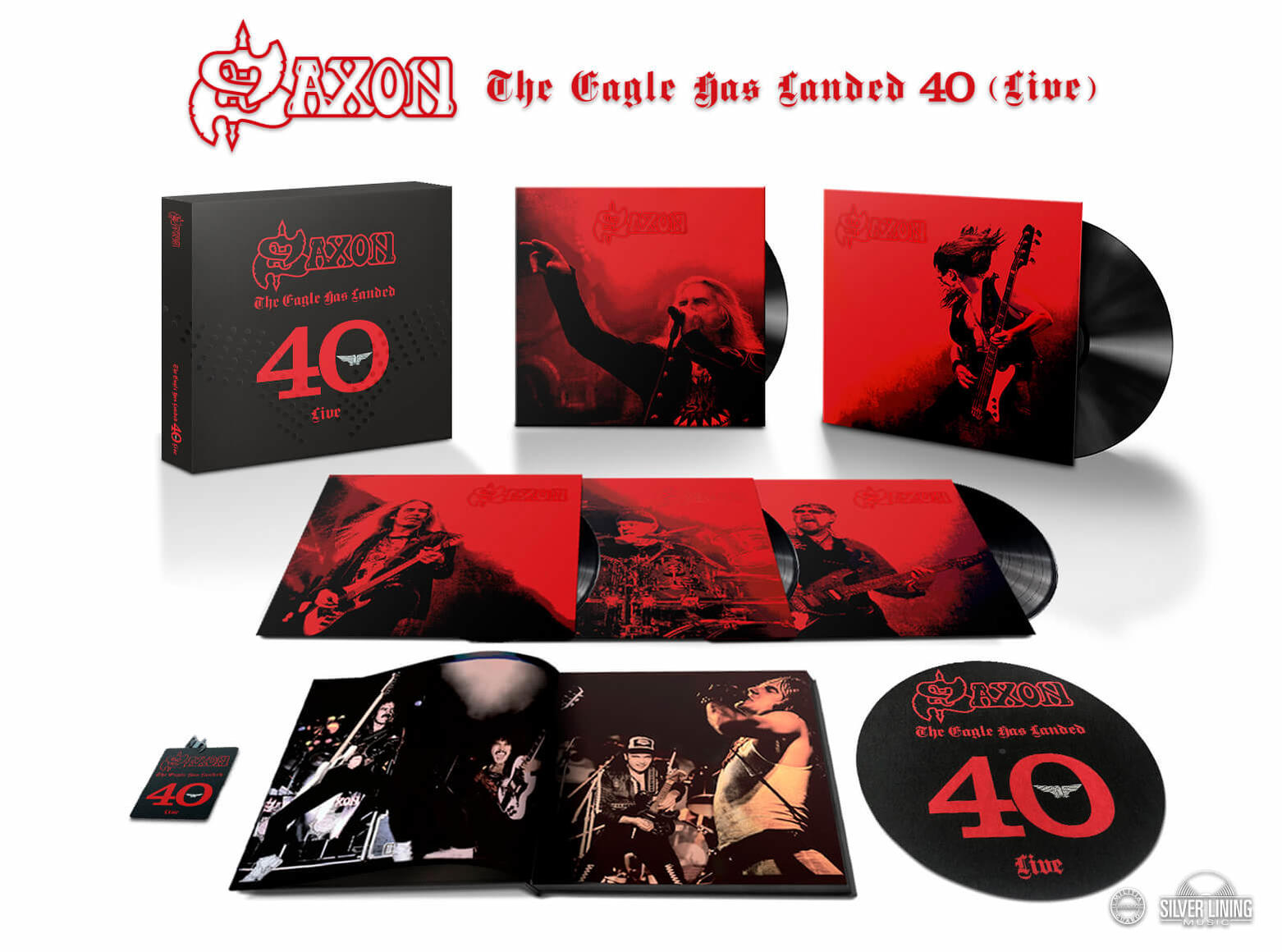 Eine Sammlung des Albums 'The Eagle Has Landed 40 (Live)' von Saxon, enthält Vinyls, eine Box und einen Untersetzer.