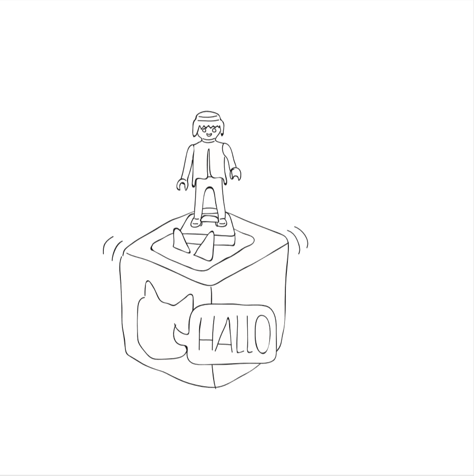 Strichmännchen steht auf einem Würfel mit der Aufschrift „Hallo“, Illustration.