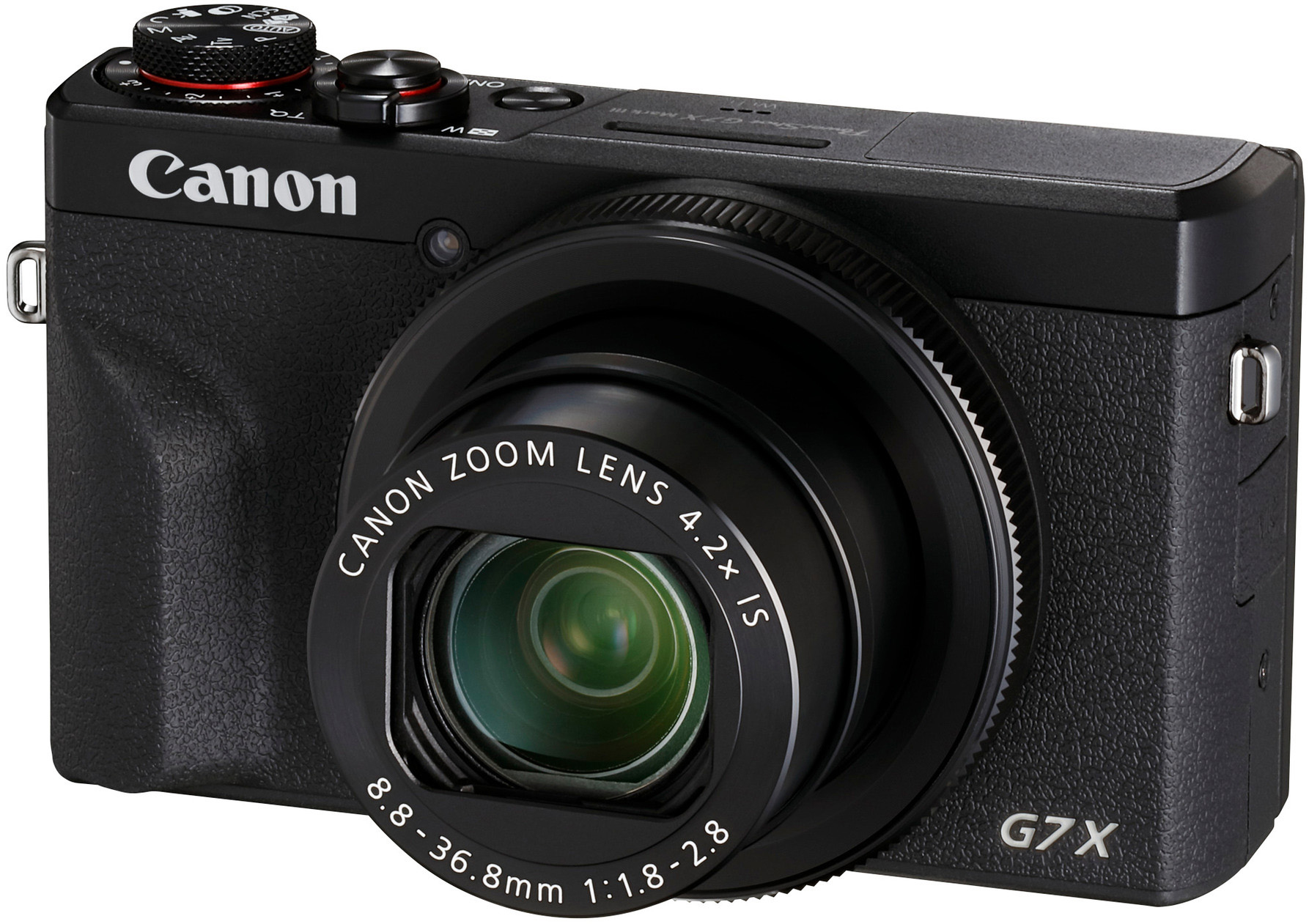 Nahaufnahme einer schwarzen Canon G7X Mark III Kamera mit Zoomobjektiv. Das Objektiv ist fokussiert.