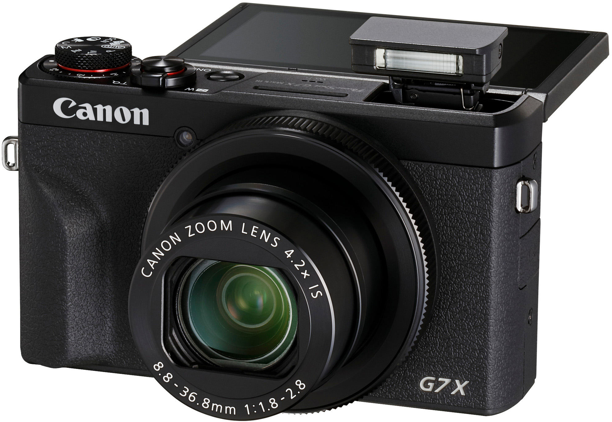 Schwarze Canon G7X Kamera. Verfügt über ein Objektiv, einen Pop-up-Blitz und Steuerräder. Der Bildschirm ist geöffnet.