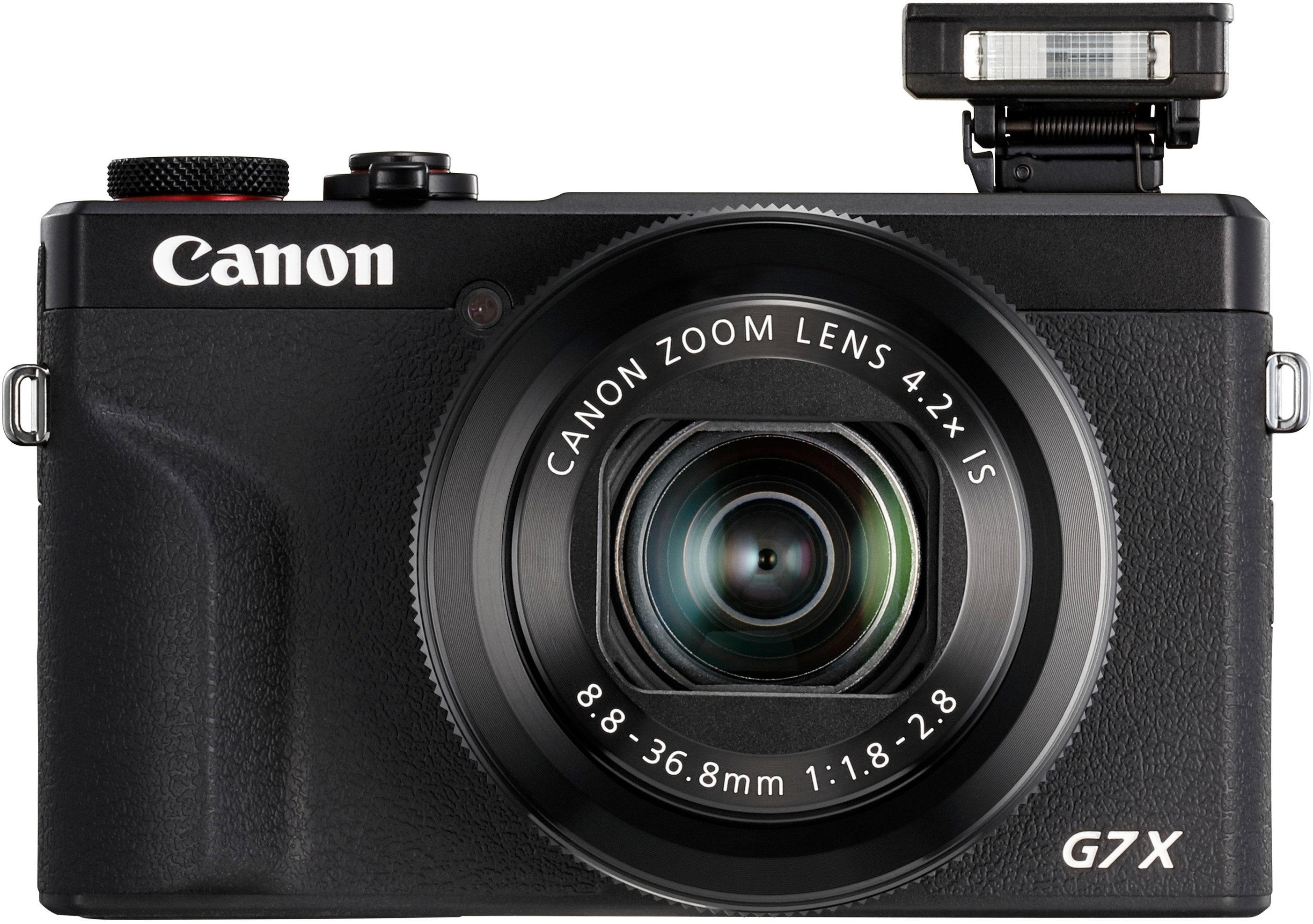 Eine schwarze Canon-Kamera mit Objektiv, Blitz und Knöpfen. Canon steht vorne.