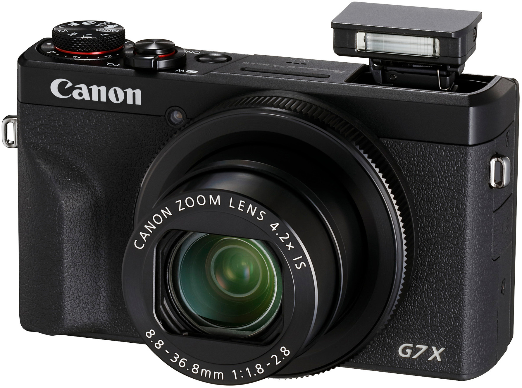Schwarze Canon G7X Kamera mit Blitz. Zoomobjektiv ist sichtbar.