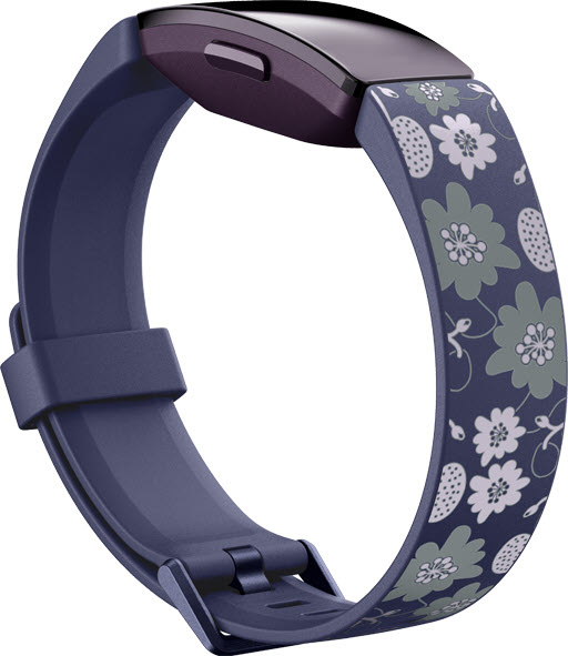 Ein marineblaues Fitness-Tracker-Armband mit floralem Design.