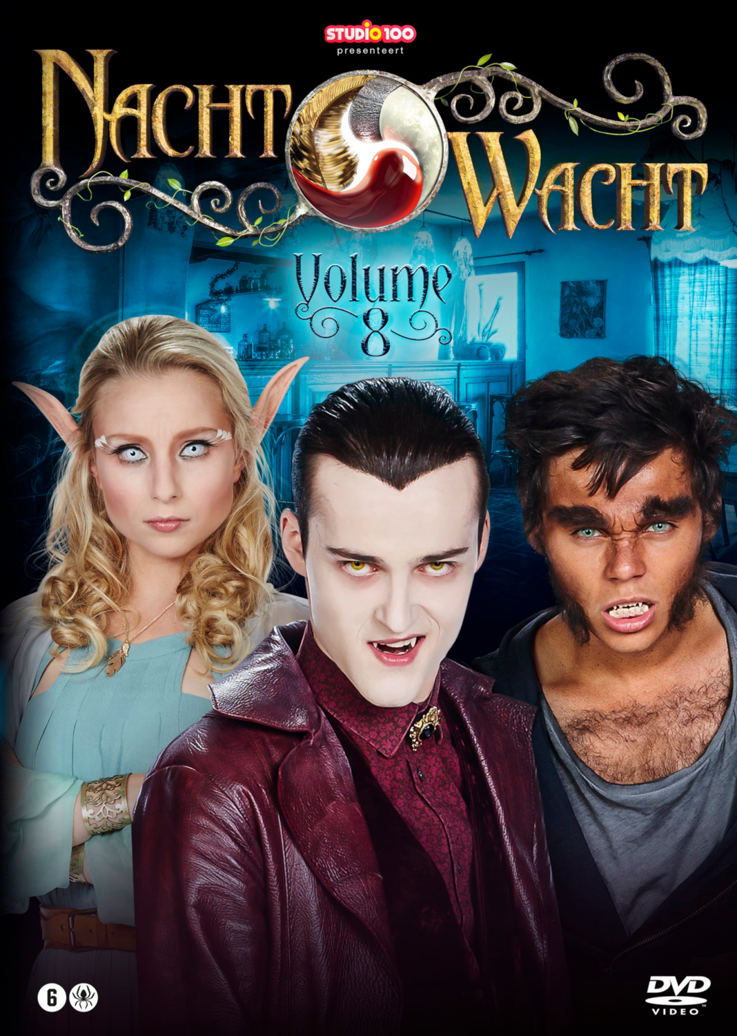 Cover van 'Nachtwacht' met drie personages: een blonde vrouw, een vampier en een weerwolf.