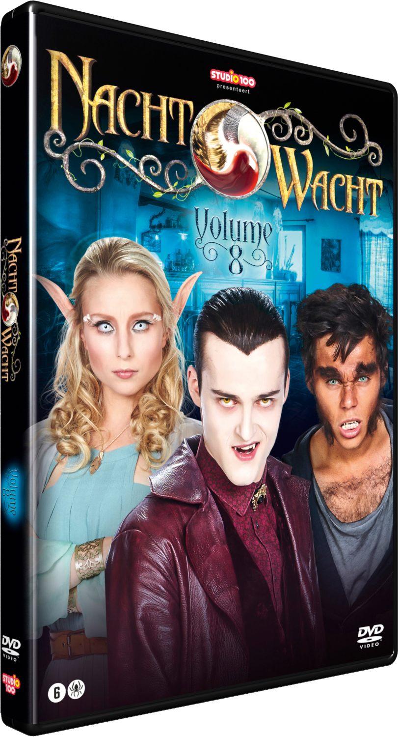 DVD-hoes voor 'Nachtwacht Volume 8'. Toont drie verklede figuren met een donker fantasiethema.