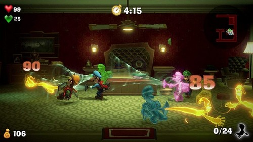 Escena de videojuego con varios personajes luchando. Alfombra verde, paredes rojas.