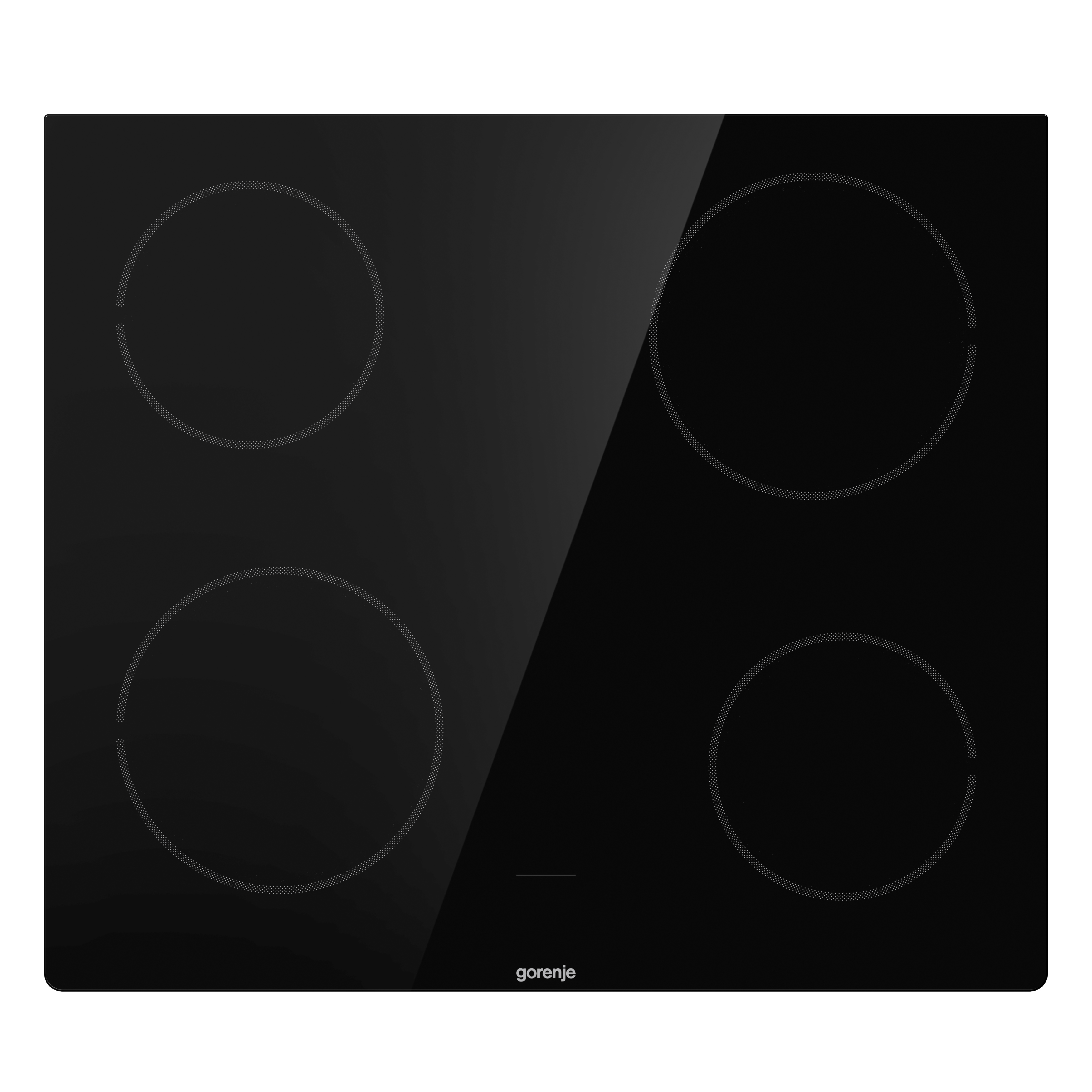 Schwarzes Glaskochfeld mit vier kreisförmigen Heizzonen; Gorenje-Logo unten.
