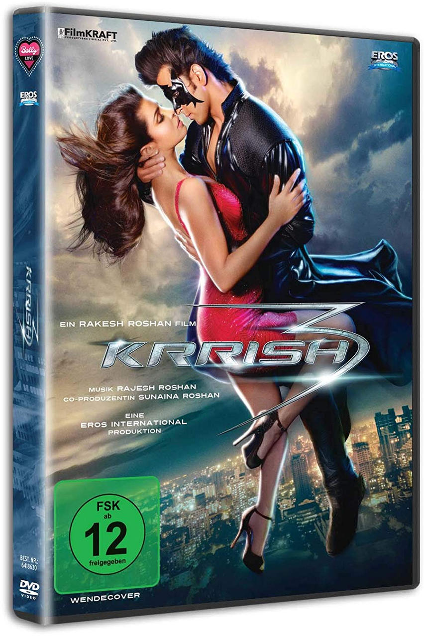 DVD-Hülle des Films Krrish 3. Zeigt zwei sich umarmende Personen. Der Filmtitel ist deutlich sichtbar.