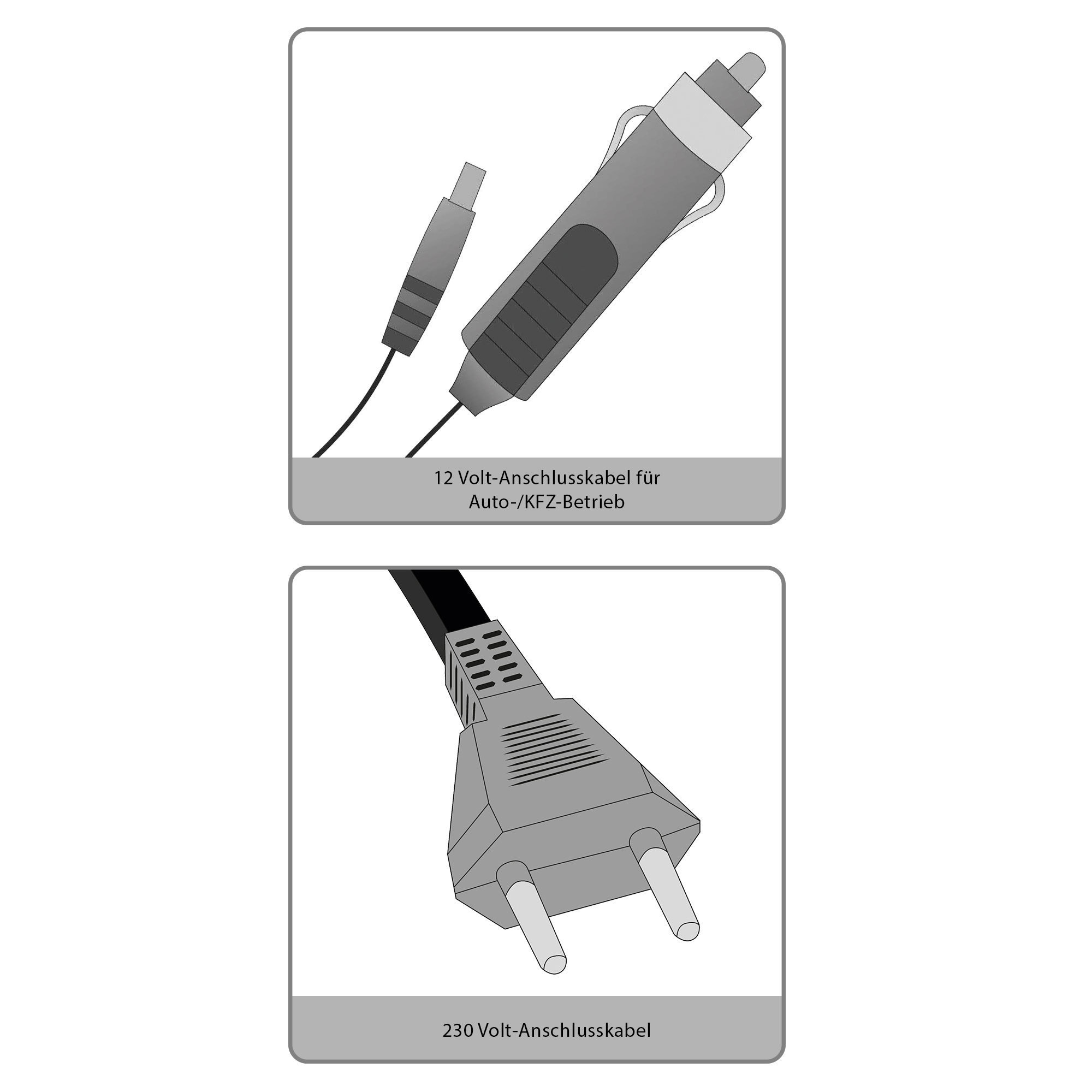 Zwei Zeichnungen von elektrischen Steckern. Einer ist ein Autoladegerät, der andere ein EU-Stecker.
