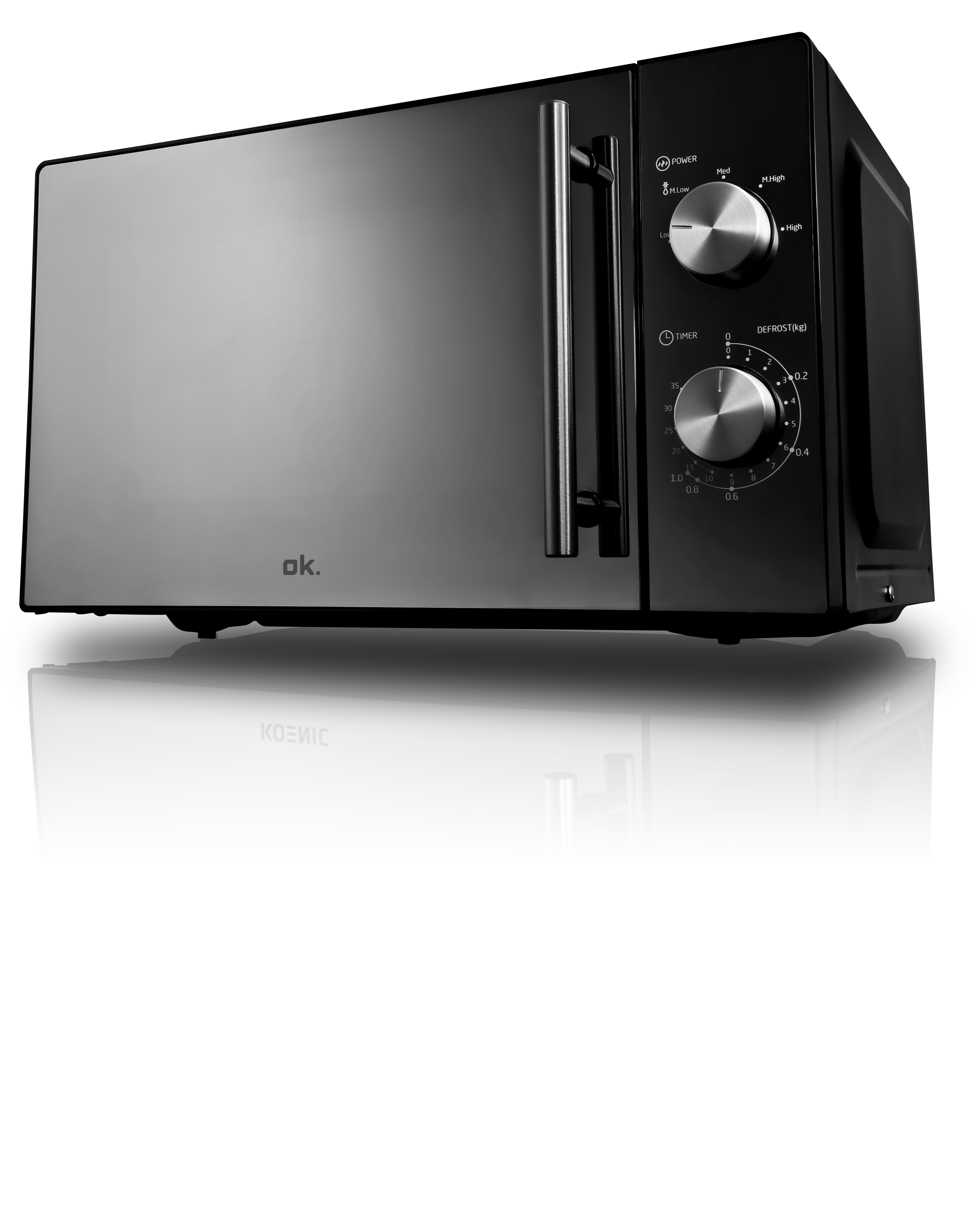 Four à micro-ondes noir. L'avant montre une porte, des commandes et le logo 'ok'.
