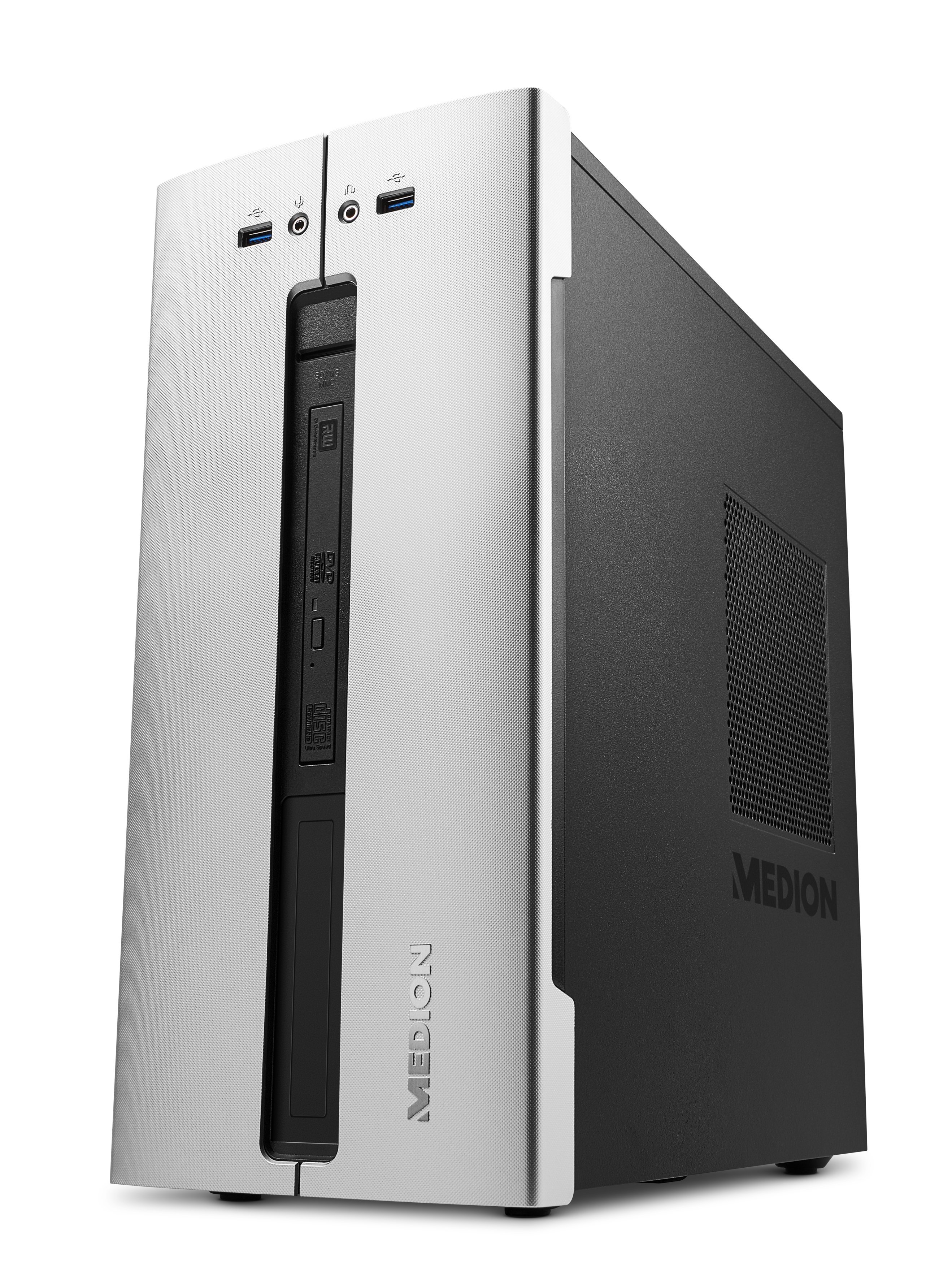 Schwarzer und silberner Medion-Computerturm auf weißem Hintergrund.