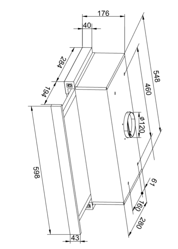 Fehér konyhai páraelszívó diagramja méretekkel. Felülnézet, elölnézet és oldalnézet. Méretek milliméterben.
