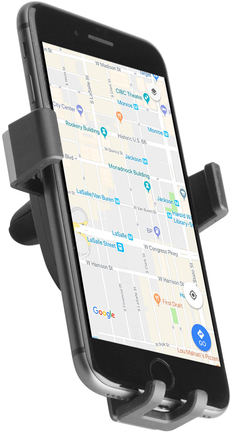 A black phone sits in a car mount displaying a navigation app with a map of a city and directions.