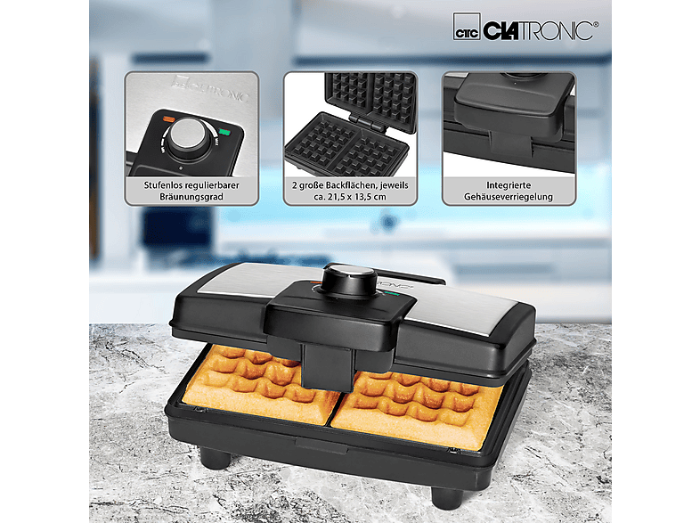 Clatronic WA 3606 Waffeleisen, Schwarz/Inox, 800 Watt — Foto 2 von 4