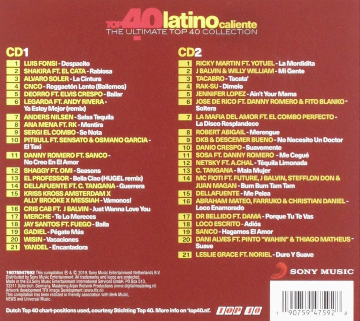 Pochettes de CD avec fond rouge, blanc et rose. Texte en plusieurs langues. Un logo Sony Music est visible.