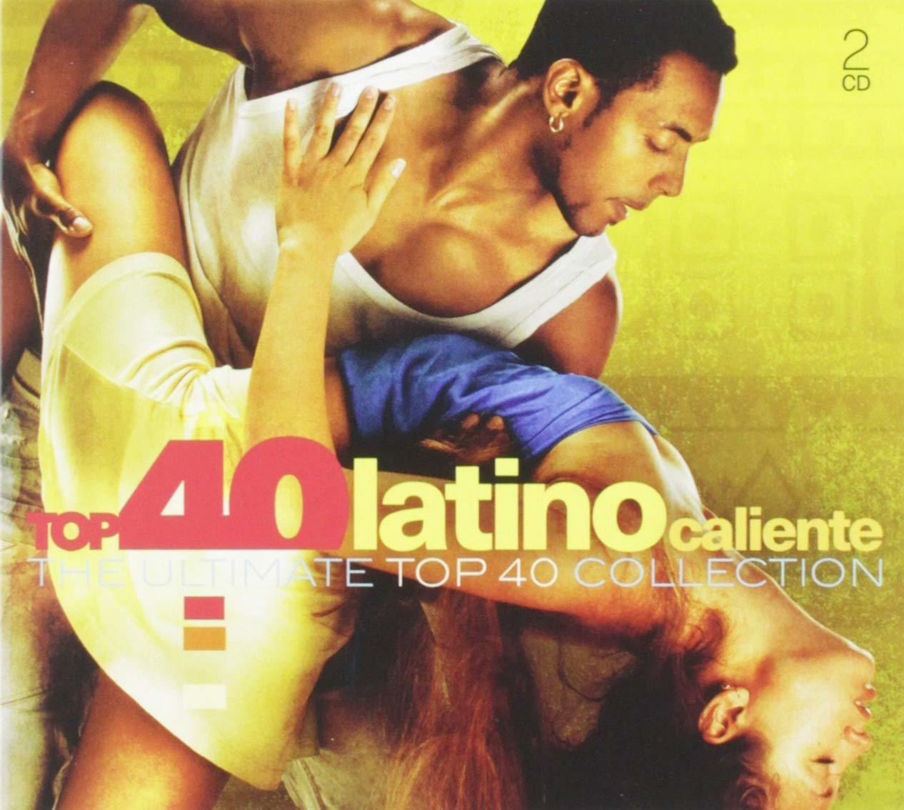 Pochette d'album, Top 40 Latino. Un couple dansant. Fond jaune et orange. Texte : Top 40 Latino caliente.